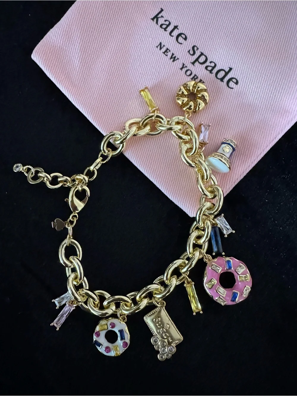 Kate Spade Gold Charm Bracelet with Pink & White Donut Charms